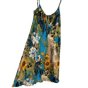 Vibrant Abstract Floral‎ Babydoll Satin Cami Midi Boho Slip Dress Ruffle Hem Y2K